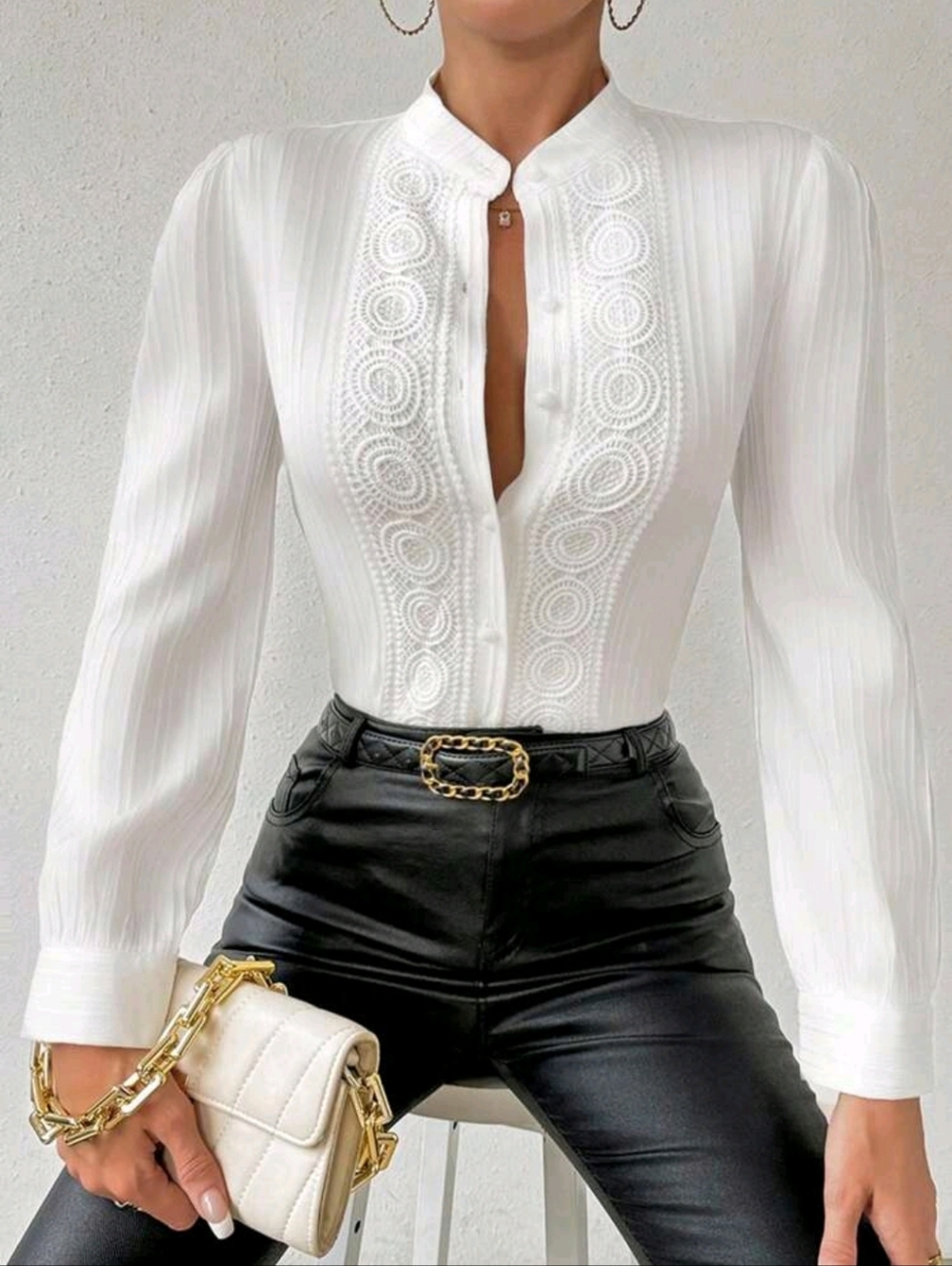 Elegant White Lace-Trim Long-Sleeve Top